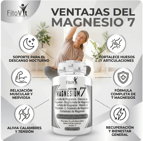 MAGNESIUM 7, 60 masticables, 7 tipos de Magnesio: Óxido, Cloruro, Bisglicinato, Lactato, Malato, L-Treonato y Carbonato.